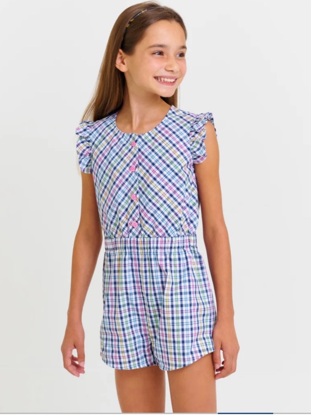 Beaufort Bonnet Girls Marion Rose Romper Pierpoint Plaid NWT
